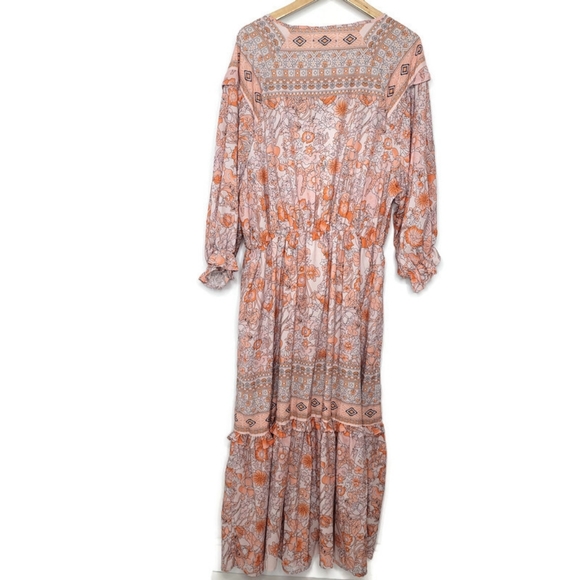 Noracora NWT boho maxi long sleeve flowey floral orange and white dress size XL - Picture 4 of 5